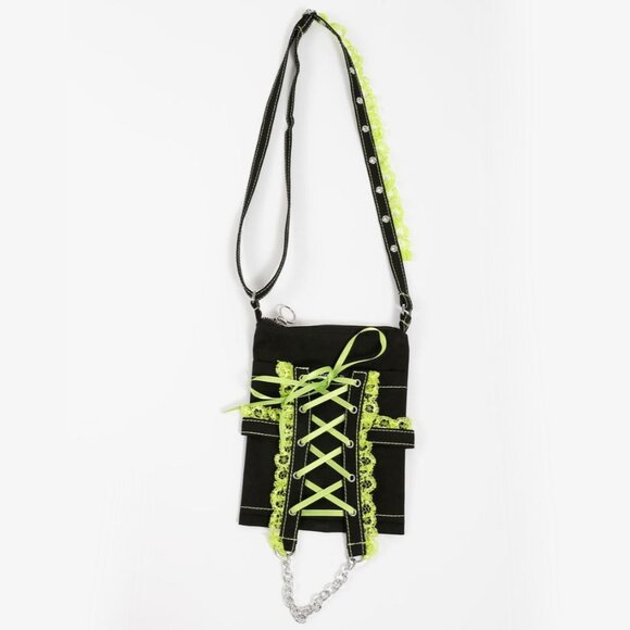 Tripp nyc Handbags - Lolita Dark Street Shoulder Bag Black/Lime Cotton Adjustable Strap Zip Closure